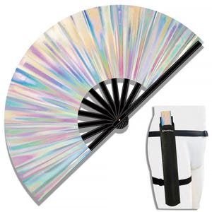 May include: Iridescent folding fan with black ribs and handle. The fan has a rainbow sheen and is partially open. A black carrying case with a strap is shown on the right.