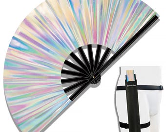 Large Iridescent Rave Folding Hand Fan with Holster, Clack Fan for EDM