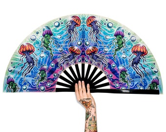 Jellyfish Large Rave Festivals Loud Clack Satin Hand Held Folding Fan for men women