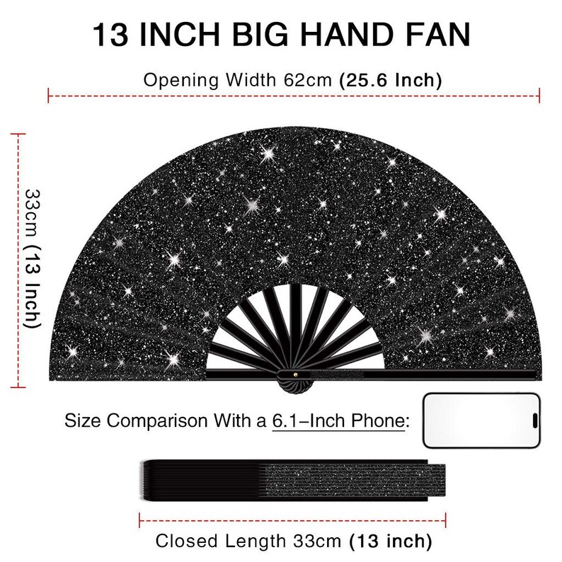 Large Glitter Rave Clack Folding Hand Fan With Holster, EDM Festival ...