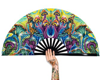 Mushroom Large Rave Festivals Loud Clack Satin Hand Held Folding Fan for men women