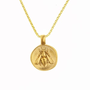 14k Solid Gold Bee Coin Pendant: Spirit Animal Charm