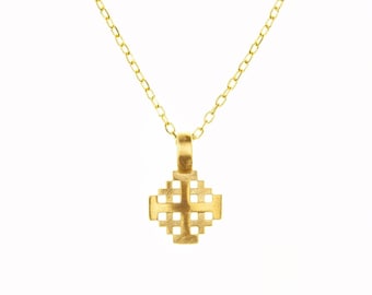 14k Gold Jerusalem Cross Pendant: Dainty Religious Charm