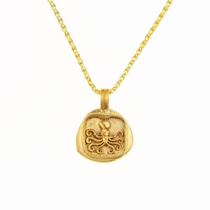 14k Solid Gold Octopus Coin Pendant - Spirit Animal Necklace