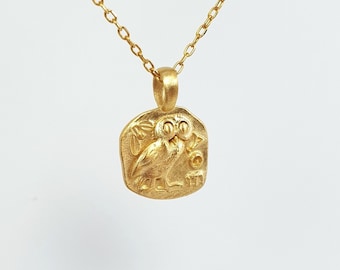 14k Gold Athena Owl Coin Pendant: Greek Goddess Charm