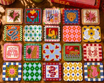 Maximalistische onderzetters voor volkskunst | Kleurrijke mediterrane onderzetters | Eclectisch dopamine-decor
