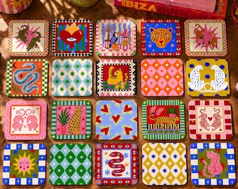 Maximalistische onderzetters voor volkskunst | Kleurrijke mediterrane onderzetters | Eclectisch dopamine-decor