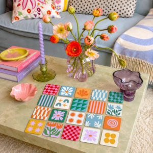 Abstract Cork Coasters: Retro Floral Art, Heat Resistant, Colourful table mats
