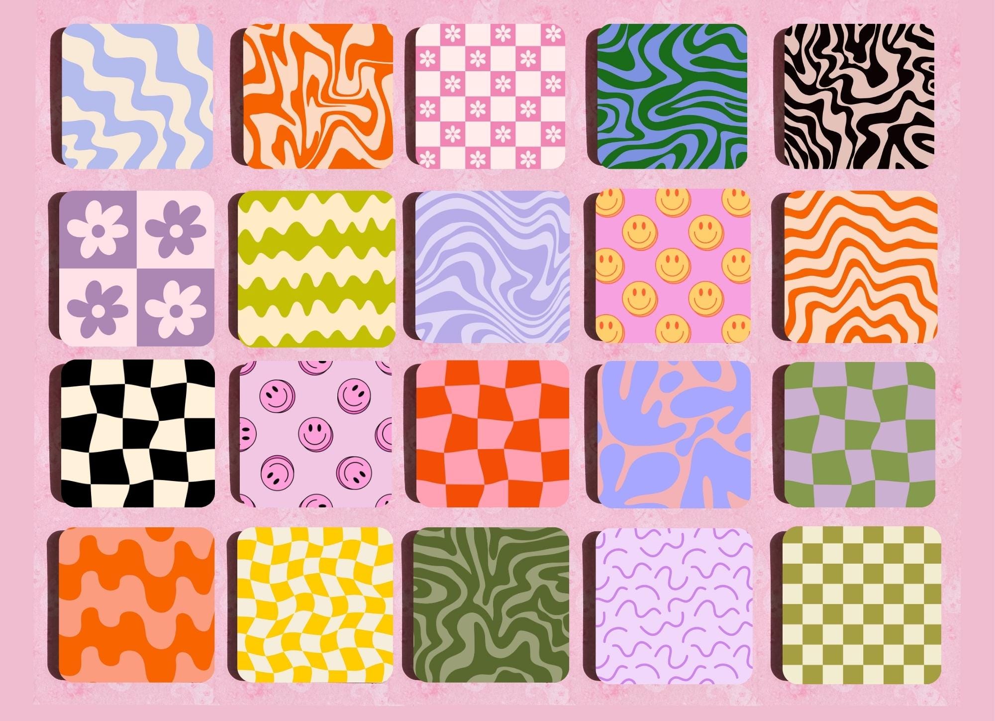 Colourful mix and match coasters | Various patterns, groovy, aesthetic, wavy, swirl, funky, pastel, aesthetic bright coasters | Homeware