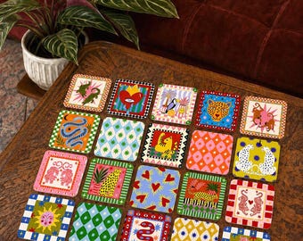 Maximalistische volkskunst onderzetters | Kleurrijke drankonderzetters met junglethema | Eclectische dopamine decoratie