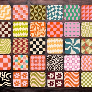 Retro coasters | Mix & match coasters with various bold, vintage, playful patterns | Swirly, checkerboard, groovy coasters | Homeware