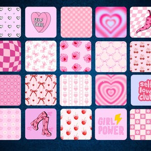 Puede incluir: Un collage digital de patrones rosas y blancos, incluyendo corazones, lazos, cerezas y diseños a cuadros. El texto "SELF CARE", "self love club" y "GIRL POWER" está incluido en el collage.