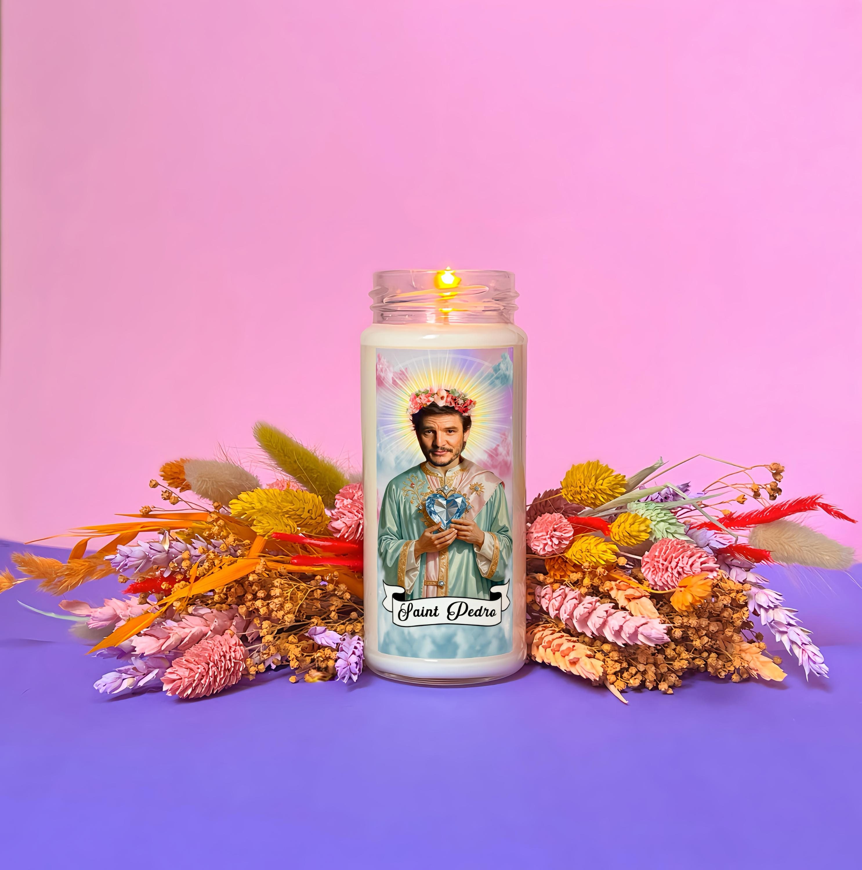 Saint Pedro Pascal prayer scented candle | 8 oz fandom inspired soy wax devotion candle | Funny novelty gift, birthday, secret Santa gift