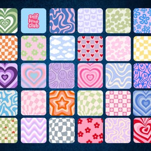 Aesthetic pastel coasters | Various options | Cute coasters with checkerboard, swirly, gradient patterns & layered hearts, stars, clouds