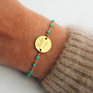 Bracelet personnalisé médaille à graver chaîne perles facettées bleues en acier inoxydable cadeau fête des mères, bracelet personnalisé image 1