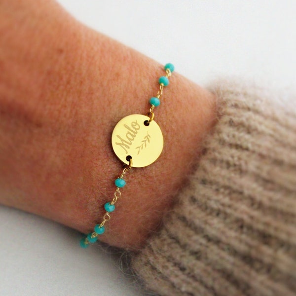 Bracelet personnalisé médaille à graver chaîne perles facettées bleues en acier inoxydable ∙ cadeau fête des mères, bracelet personnalisé