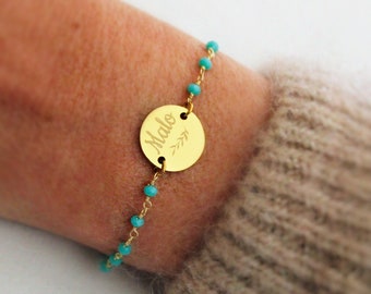 Bracelet personnalisé médaille à graver chaîne perles facettées bleues en acier inoxydable ∙ cadeau fête des mères, bracelet personnalisé