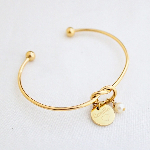 Bracelet jonc nœud personnalisé médaille à graver ∙  cadeau naissance, cadeau personnalisé, bracelet prénom