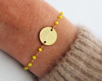 Bracelet personnalisé médaille à graver chaîne perles facettées jaunes en acier inoxydable ∙ cadeau fête des mères, bracelet personnalisé