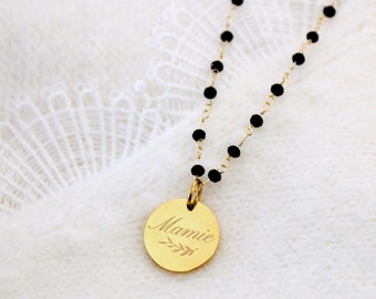 Collier personnalisé médaille à graver chaîne perles facettées noires en acier inoxydable ∙ collier fête des mères, cadeau personnalisé