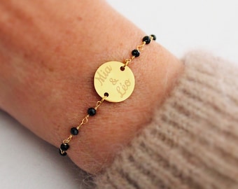 Bracelet personnalisé médaille à graver chaîne perles facettées noires en acier inoxydable ∙ cadeau fête des mères, bracelet personnalisé