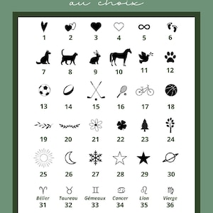 May include: A black and white chart with 42 different pictograms. The pictograms include hearts, animals, sports, nature, and zodiac signs. Each pictogram is numbered from 1 to 42.