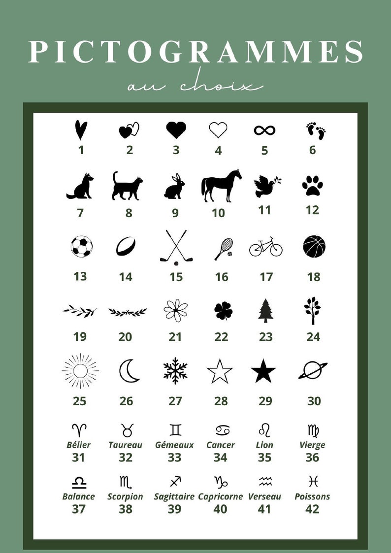 May include: A black and white chart with 42 different pictograms. The pictograms include hearts, animals, sports, nature, and zodiac signs. Each pictogram is numbered from 1 to 42.