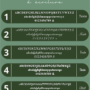 May include: Five different font styles are displayed on a green background. Each font style is labeled with a number from 1 to 5. The font styles include uppercase and lowercase letters, numbers, and symbols. The text "POLICES d'&eacute;criture" is displayed at the top of the image.