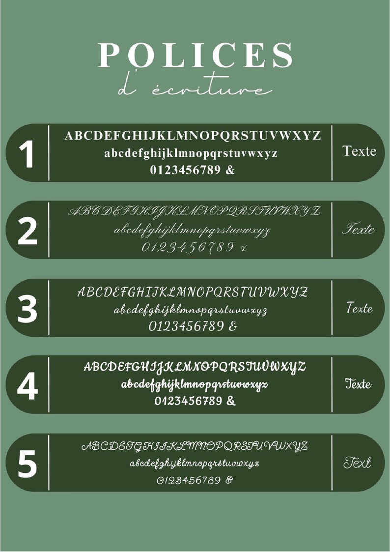 May include: Five different font styles are displayed on a green background. Each font style is labeled with a number from 1 to 5. The font styles include uppercase and lowercase letters, numbers, and symbols. The text "POLICES d'&eacute;criture" is displayed at the top of the image.