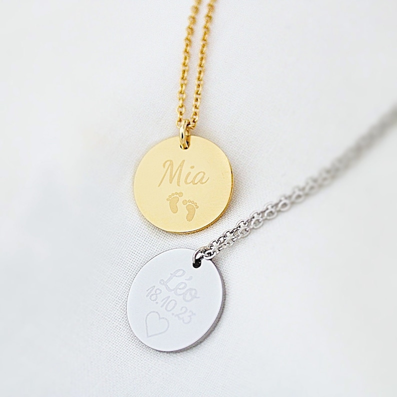 Collier personnalisé médaille à graver chaîne en acier inoxydable cadeau naissance, cadeau personnalisé, collier prénom image 1