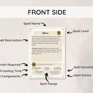 May include: A fantasy role-playing game spell card labeled "Bless." The card features text describing the spell's effects, casting time, range, duration, and components. The card is beige with black text and a gold-colored level indicator.