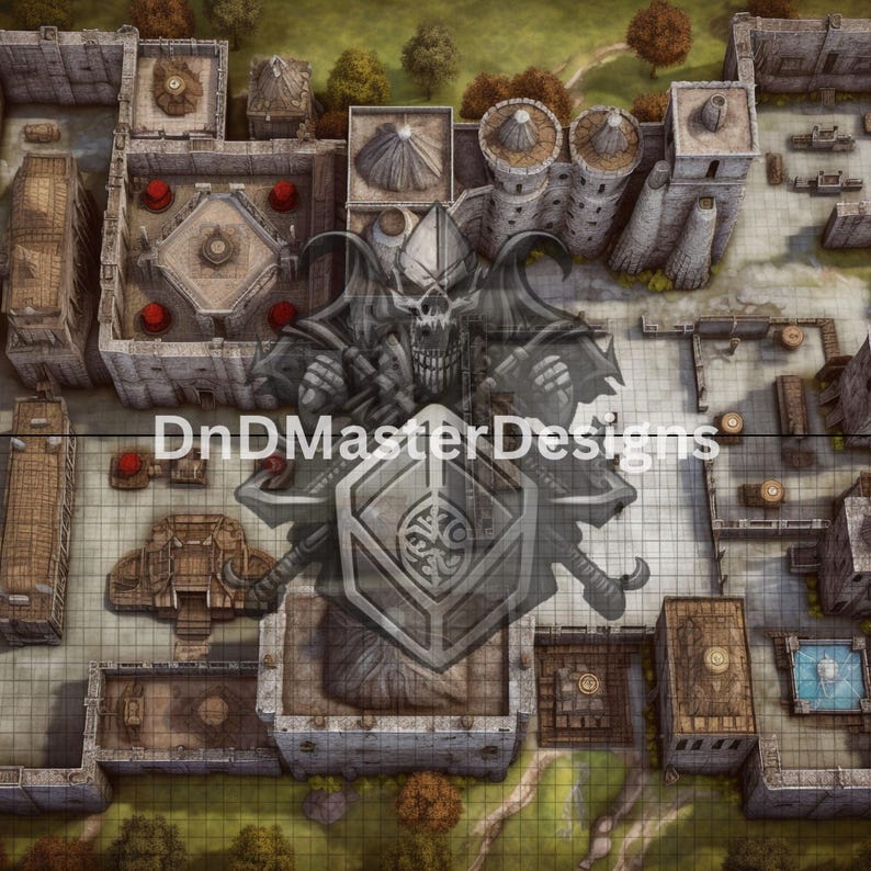 May include: Overhead view of a fantasy map with a castle layout, featuring towers, walls, and buildings. A large graphic of a skull-faced warrior with a shield and crossed swords is overlaid on the map. The text "DnDMasterDesigns" is visible.