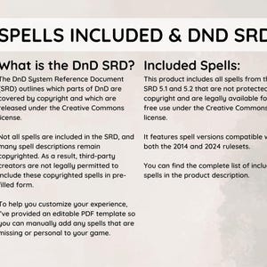 May include: A digital document titled "SPELLS INCLUDED & DND SRD" with text explaining the DnD System Reference Document (SRD) and included spells. The document details copyright information and spell compatibility with 2014 and 2024 rulesets.