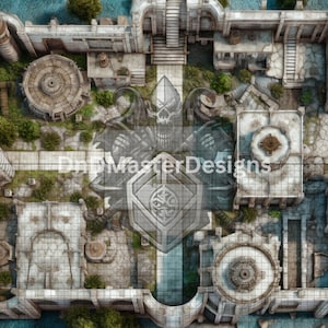 May include: Overhead view of a detailed fantasy map featuring stone structures, waterways, and green vegetation. The map includes a grid overlay and the text "DnD Master Designs" superimposed on the image. The color palette is muted with shades of gray, beige, and green.