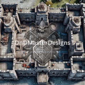 May include: Overhead view of a detailed, gray stone castle map with multiple rooms, walkways, and towers. A large emblem featuring a skull, shield, and crossed weapons is superimposed on the center. The text "DnDMasterDesigns" is visible.