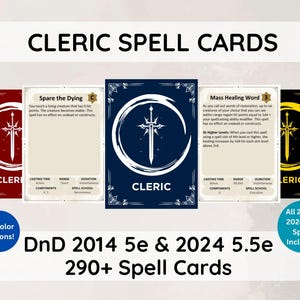 May include: Cleric Spell Cards featuring a sword and circle design. The cards are in various colors, including red, blue, and yellow. Text on the cards includes spell names and details. The image also states "DnD 2014 5e & 2024 5.5e 290+ Spell Cards."