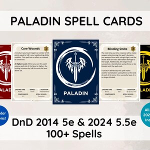 Jeu de cartes sorts D&D 5e Paladin | Sorts 2014 et 2024 inclus | Lot de grimoires | Plus de 100 sorts | 10 choix de couleurs | Donjon et dragons