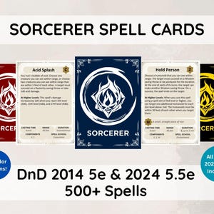 DnD 5e Sorcerer Spell Cards Set | spreuken 2014 en 2024 inbegrepen | Spellbook-bundel | Meer dan 500 spreuken | 10 kleuropties | Dungeon and Dragons