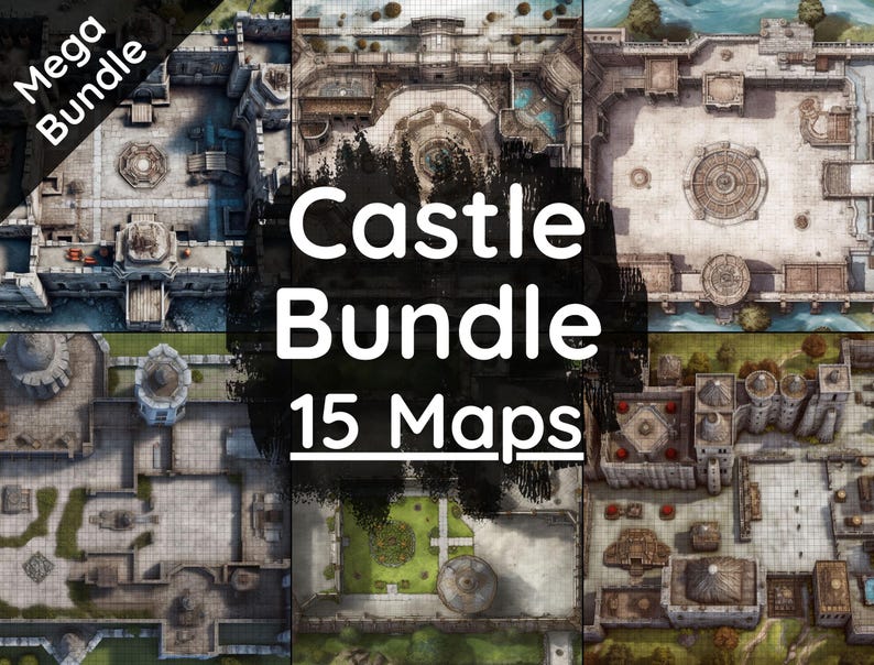 May include: A collection of 15 detailed castle maps, presented as a mega bundle. The maps feature various castle layouts with intricate architectural designs, including towers, courtyards, and surrounding landscapes. The text "Castle Bundle 15 Maps" is prominently displayed.