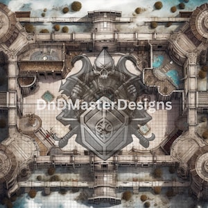 May include: Overhead view of a detailed fantasy map with a fortress design. The map features a grid, architectural details, and a central emblem with a skull and crossed axes. The text "DnDMasterDesigns" is visible.