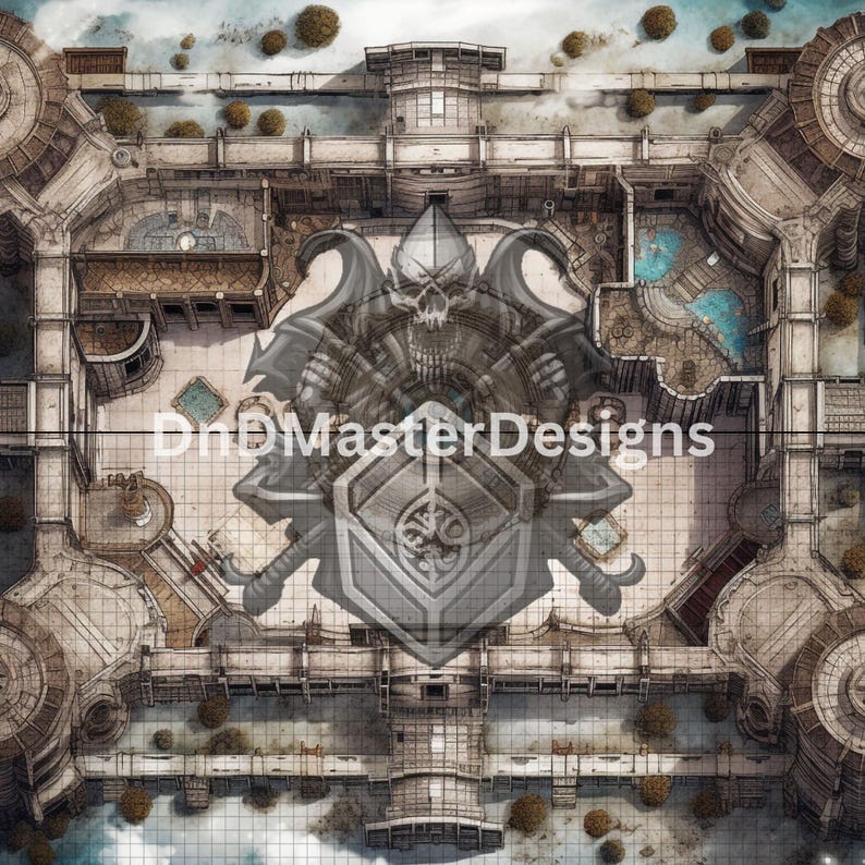 May include: Overhead view of a detailed fantasy map with a fortress design. The map features a grid, architectural details, and a central emblem with a skull and crossed axes. The text "DnDMasterDesigns" is visible.