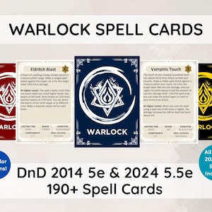 May include: A collection of Warlock Spell Cards for Dungeons & Dragons, featuring various spell descriptions. The cards have a dark background with white text and a central emblem. The set includes over 190 spells, with 10 color options.