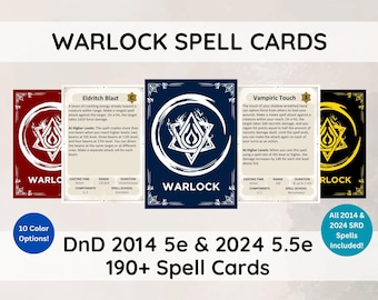 Może przedstawiać: Zestaw kart zaklęć Warlock dla Dungeons & Dragons, zawierający różne opisy zaklęć. Karty mają ciemne tło z białym tekstem i centralnym emblematem. Zestaw zawiera ponad 190 zaklęć, z 10 opcjami kolorystycznymi.