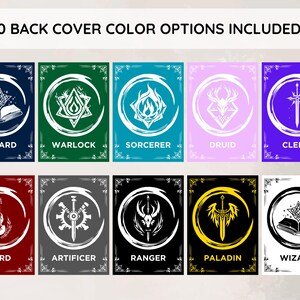 May include: Ten different card back designs are displayed, each with a unique color and symbol. The designs include Wizard, Warlock, Sorcerer, Druid, Cleric, Bard, Artificer, Ranger, and Paladin. The text "10 BACK COVER COLOR OPTIONS INCLUDED!" is at the top.