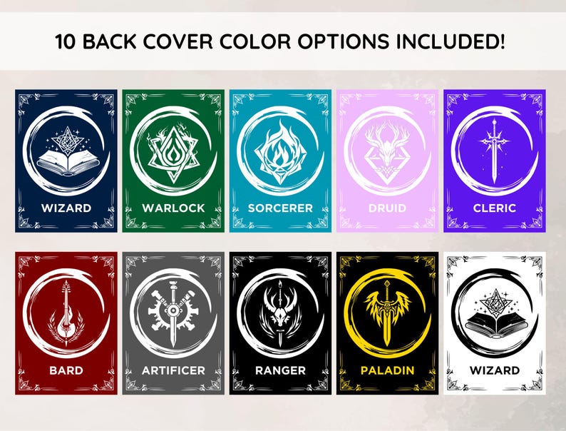 May include: Ten different card back designs are displayed, each with a unique color and symbol. The designs include Wizard, Warlock, Sorcerer, Druid, Cleric, Bard, Artificer, Ranger, and Paladin. The text "10 BACK COVER COLOR OPTIONS INCLUDED!" is at the top.