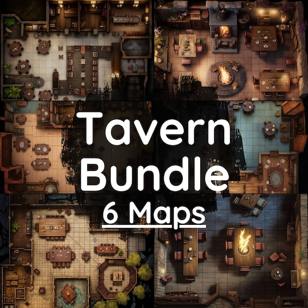 DnD Tavern Battle Map Bundle, 6 D&D Digital Battlemaps, Dungeons and Dragons Battle Maps, Roll20 Battlemap, Fantasy Grounds, Foundry VTT