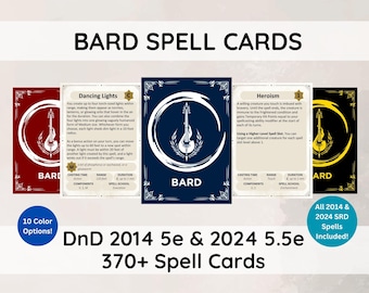 May include: A collection of Bard Spell Cards with various designs and text. The cards feature a stylized lute graphic within a circle, with text that reads "BARD" and spell descriptions. The image includes text that reads "DnD 2014 5e & 2024 5.5e" and "370+ Spell Cards".
