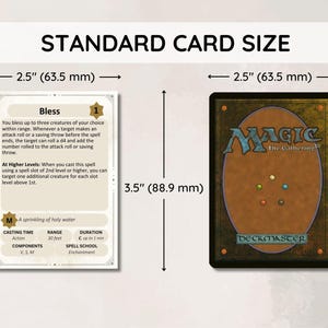 May include: Image showing the dimensions of a standard Magic: The Gathering card. The card is 2.5 inches (63.5 mm) wide and 3.5 inches (88.9 mm) tall. The front of the card is white with text, and the back is brown with a logo.