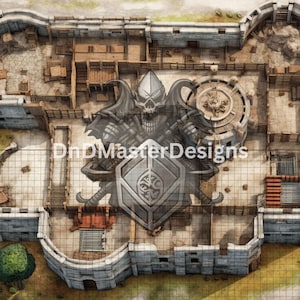 May include: Overhead view of a detailed fantasy map of a castle, featuring stone walls, buildings, and courtyards. A large emblem with a skull and shield is superimposed on the map. The text "DnDMasterDesigns" is visible.