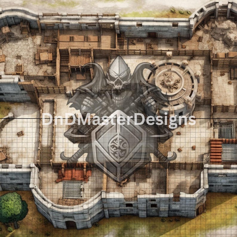 May include: Overhead view of a detailed fantasy map of a castle, featuring stone walls, buildings, and courtyards. A large emblem with a skull and shield is superimposed on the map. The text "DnDMasterDesigns" is visible.